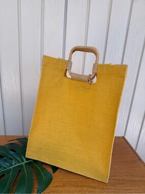 Yellow Jute Bag with Wooden Handle